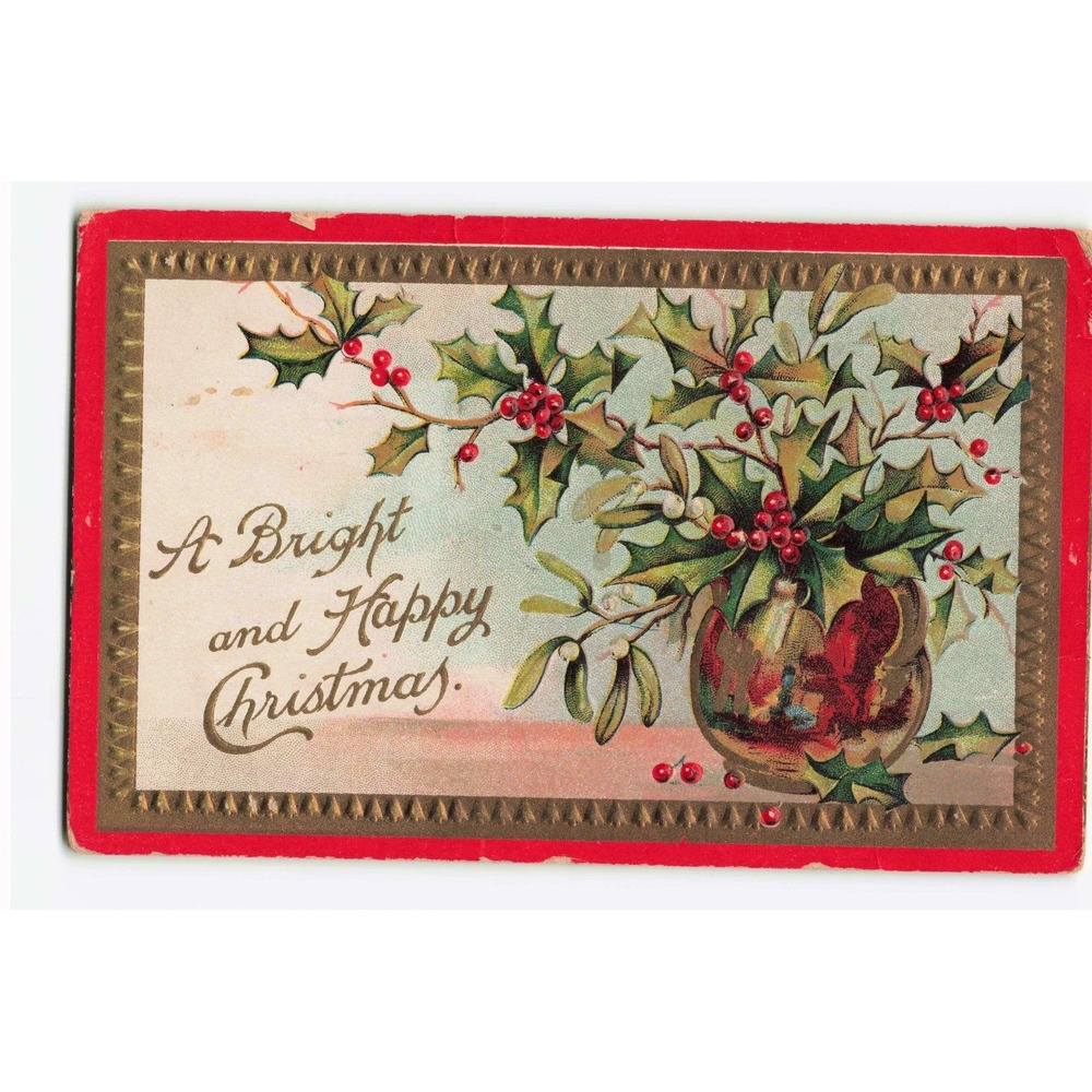 Vintage 1910 Embossed Christmas Postcard Holly Berries Series A No 4 Postmarked